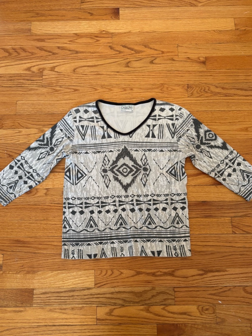 Vtg Y2K Cactus Bay Geometric Aztec Knit V-Neck 3/4 Sleeve Blouse M